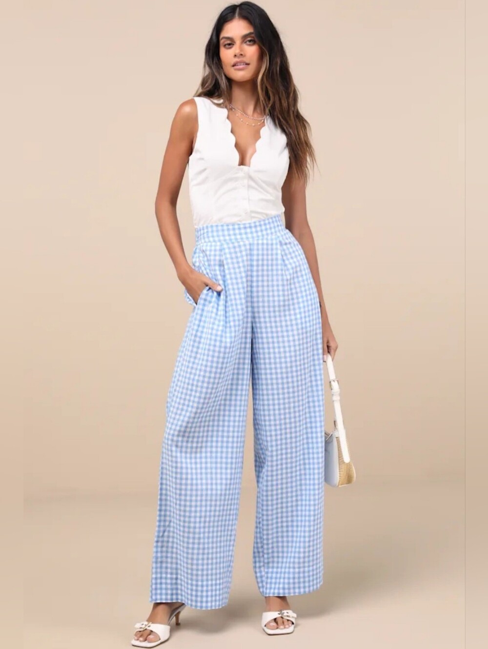 Lulus Delphine Blue and White Gingham Wide-Leg Pants Size L